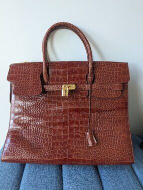 Italian Leather Croc Embossed Structured Satchel Bag Cognac Brown